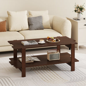 2-Tier Coffee Table Slatted Wood Center Table with Storage Shelf-Walnut view 3