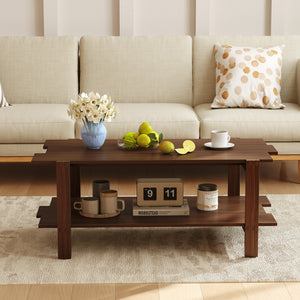 2-Tier Coffee Table Slatted Wood Center Table with Storage Shelf-Walnut view 7