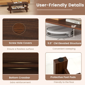 2-Tier Coffee Table Slatted Wood Center Table with Storage Shelf-Walnut view 9