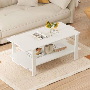 2-Tier Coffee Table Slatted Wood Center Table with Storage Shelf-White view 2