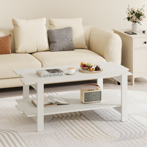 2-Tier Coffee Table Slatted Wood Center Table with Storage Shelf-White view 3