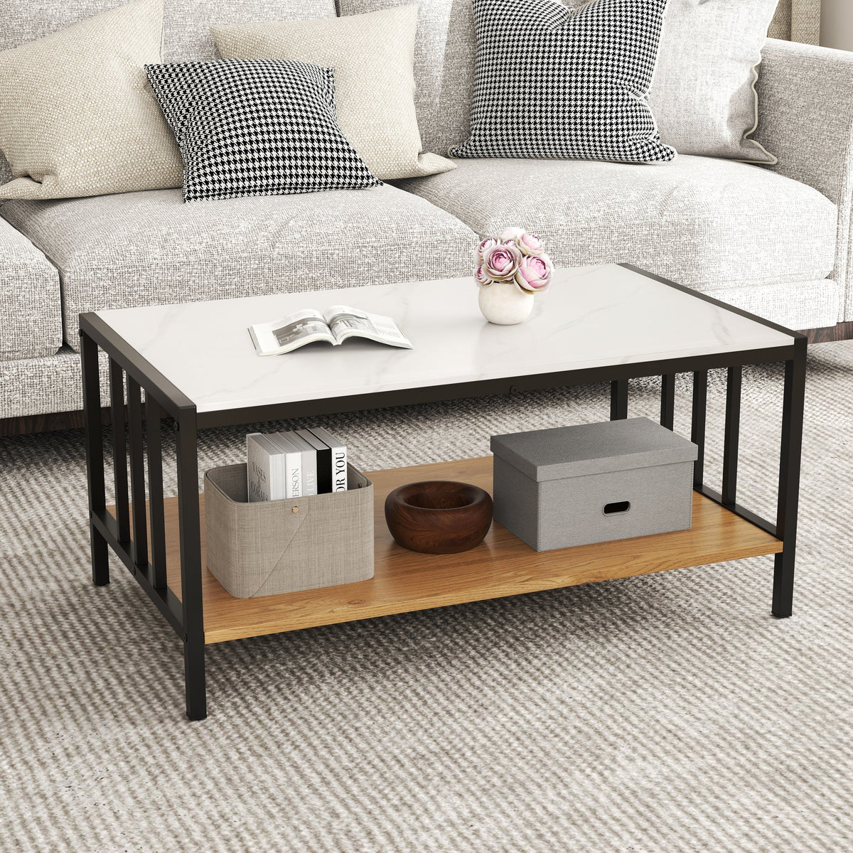 2 Tier Coffee Table with Sintered Stone Tabletop-White view 2