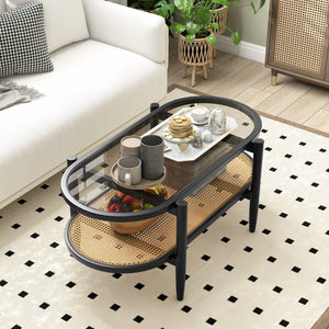 2-Tier Coffee Table with Tempered Glass Tabletop and Acacia Wood Frame-Black view 2
