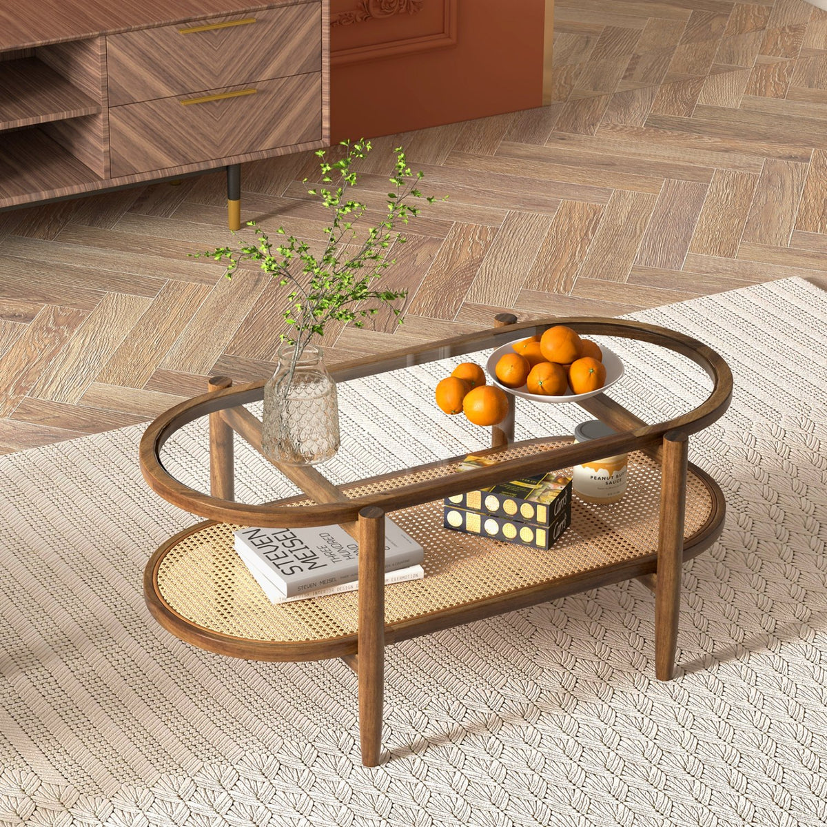 2-Tier Coffee Table with Tempered Glass Tabletop and Acacia Wood Frame-Brown view 2