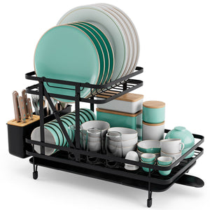 2-Tier Collapsible Dish Rack with Removable Drip Tray-Black view 4
