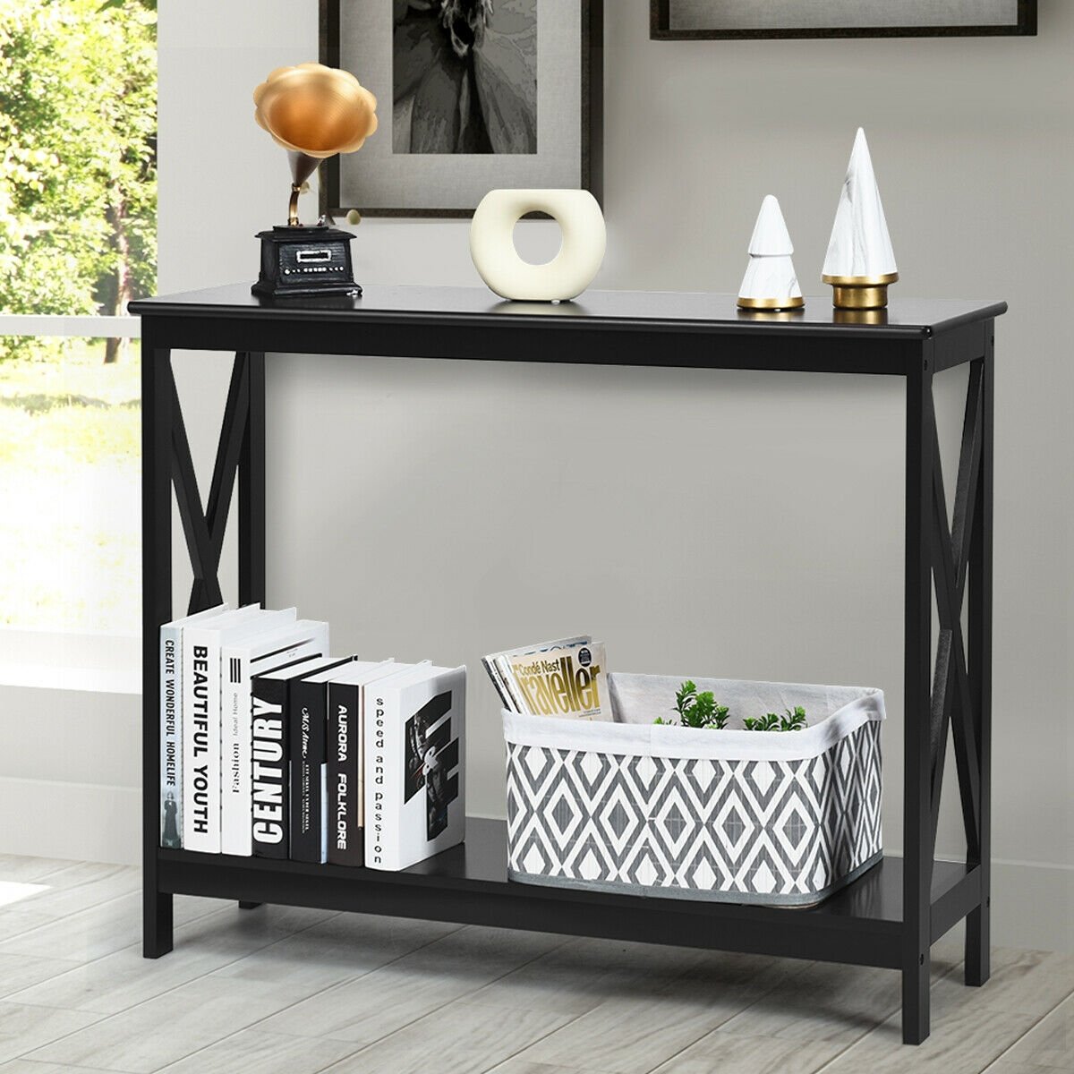 2-Tier Console X-Design Sofa Side Accent Table-Black view 2