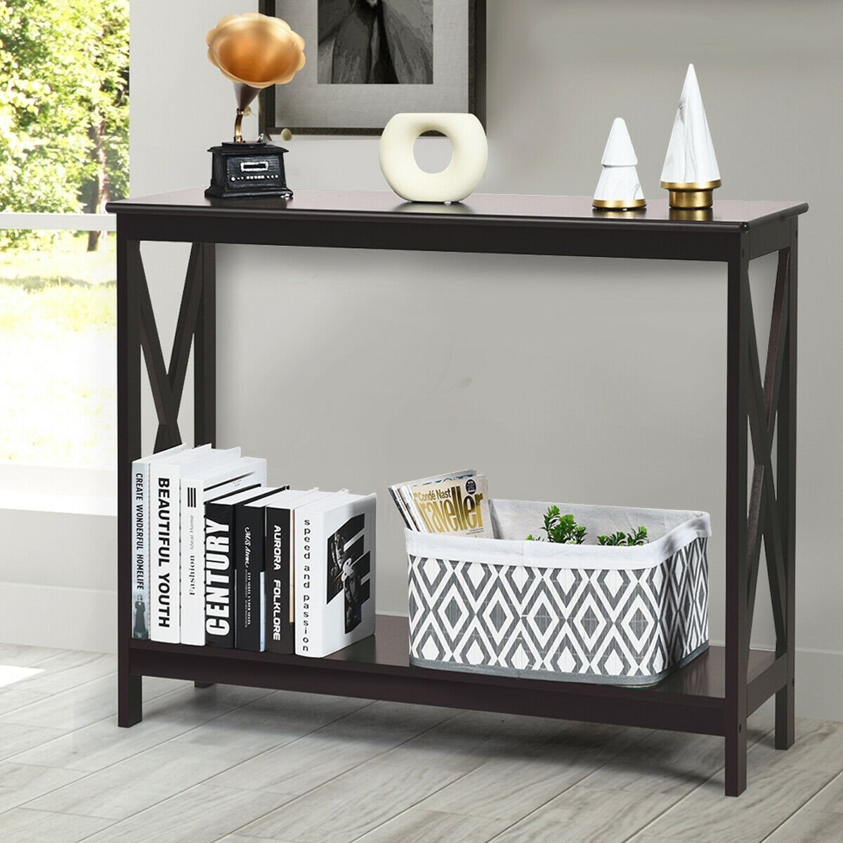 2-Tier Console X-Design Sofa Side Accent Table-Dark Brown view 2