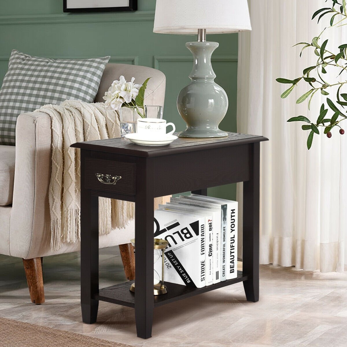 2 Tier End Bedside Sofa Side Table Narrow Nightstand-Espresso view 2