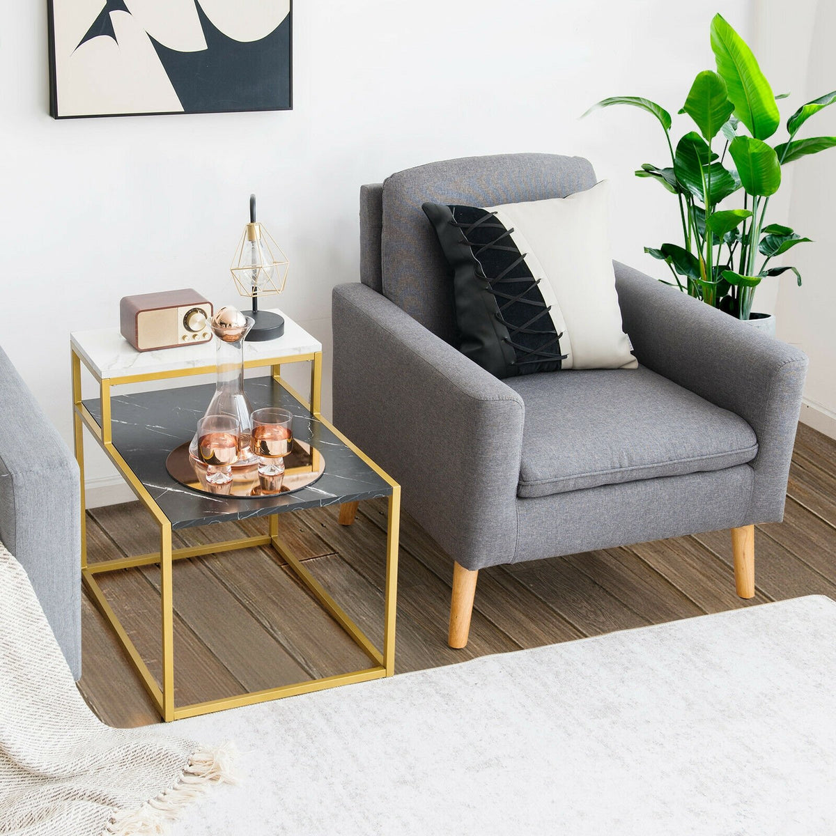 2 Tier End Side Table with, Metal Frame and Storage Shelf for Living Room-White view 2