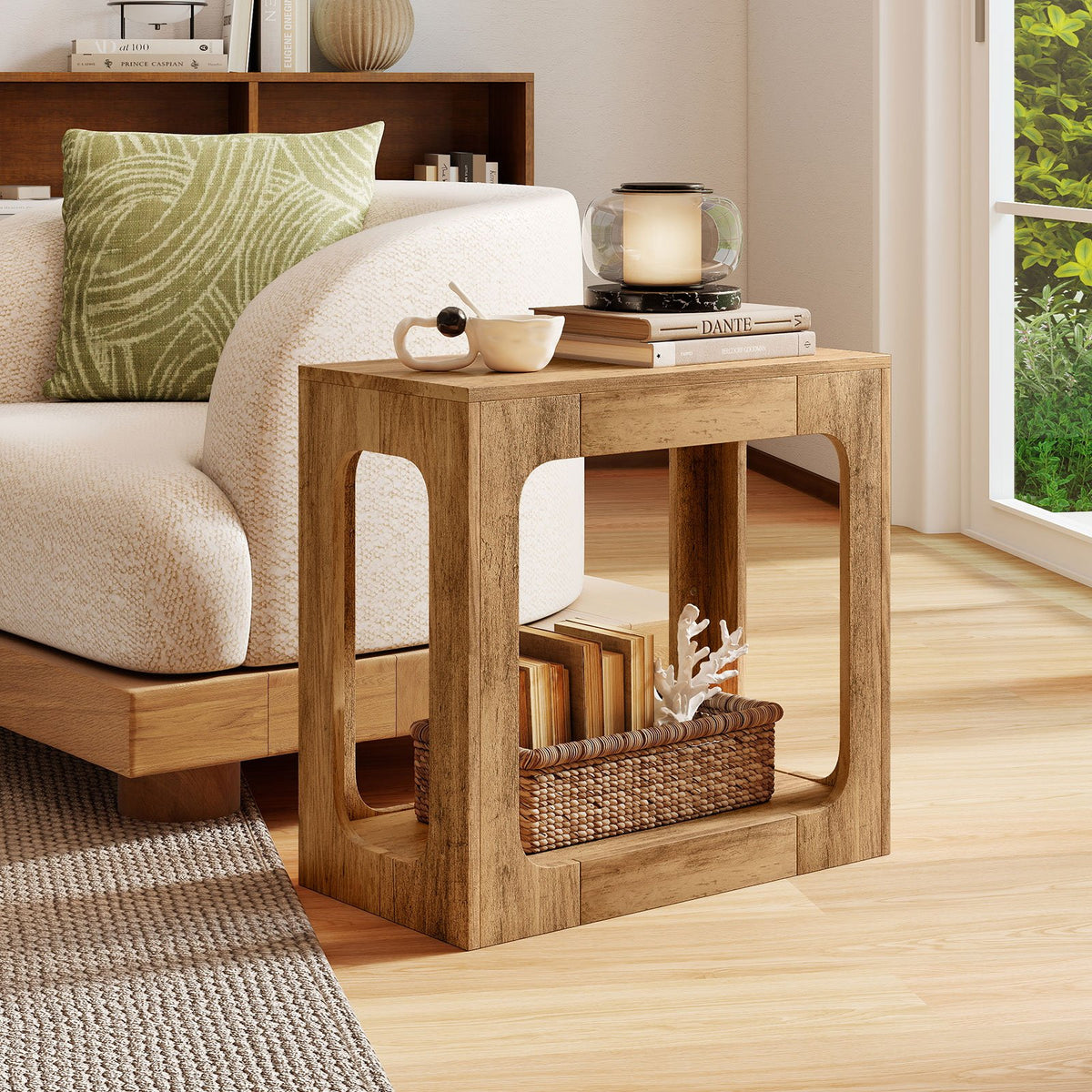 2-Tier End Table with Storage Shelf for Living Room-Oak view 2