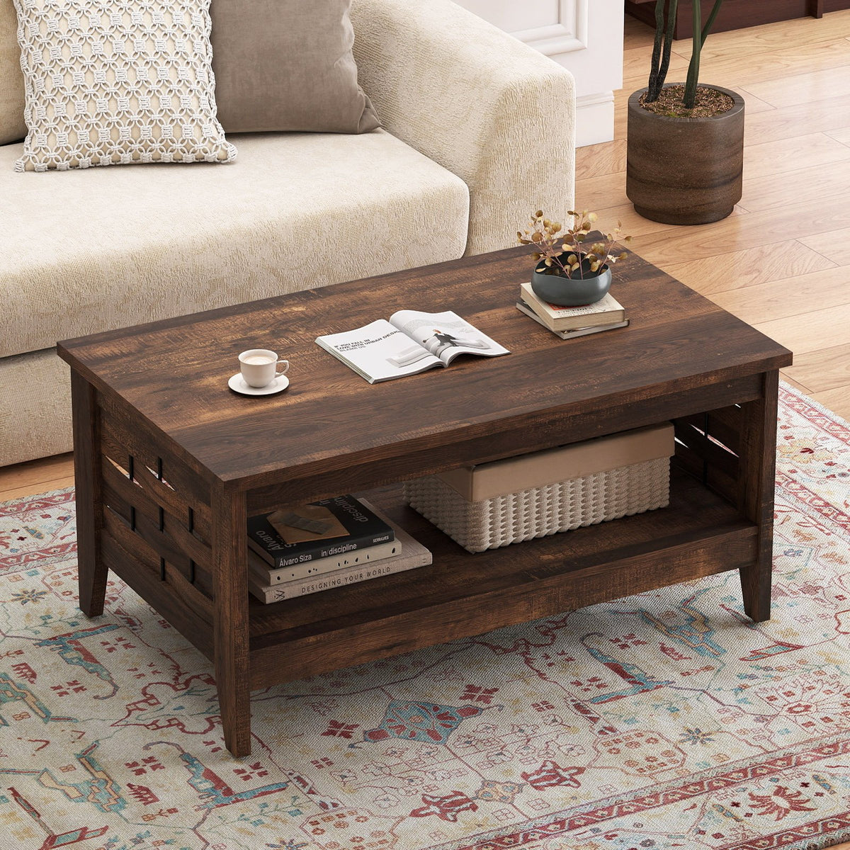 2-Tier Farmhouse Coffee Table with Open Shelf and Woven Decorations for Living Room-Rustic Brown view 2