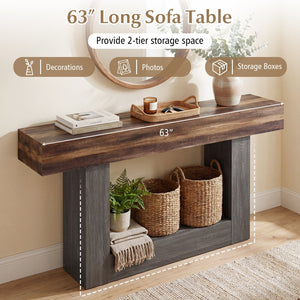2-Tier Farmhouse Console Table 63 inches Long with Storage Shelf-Rustic Brown view 7