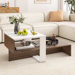 2-Tier Geometric Coffee Table with Storage Shelves for Living Room and Reception Room-White and Brown view 2
