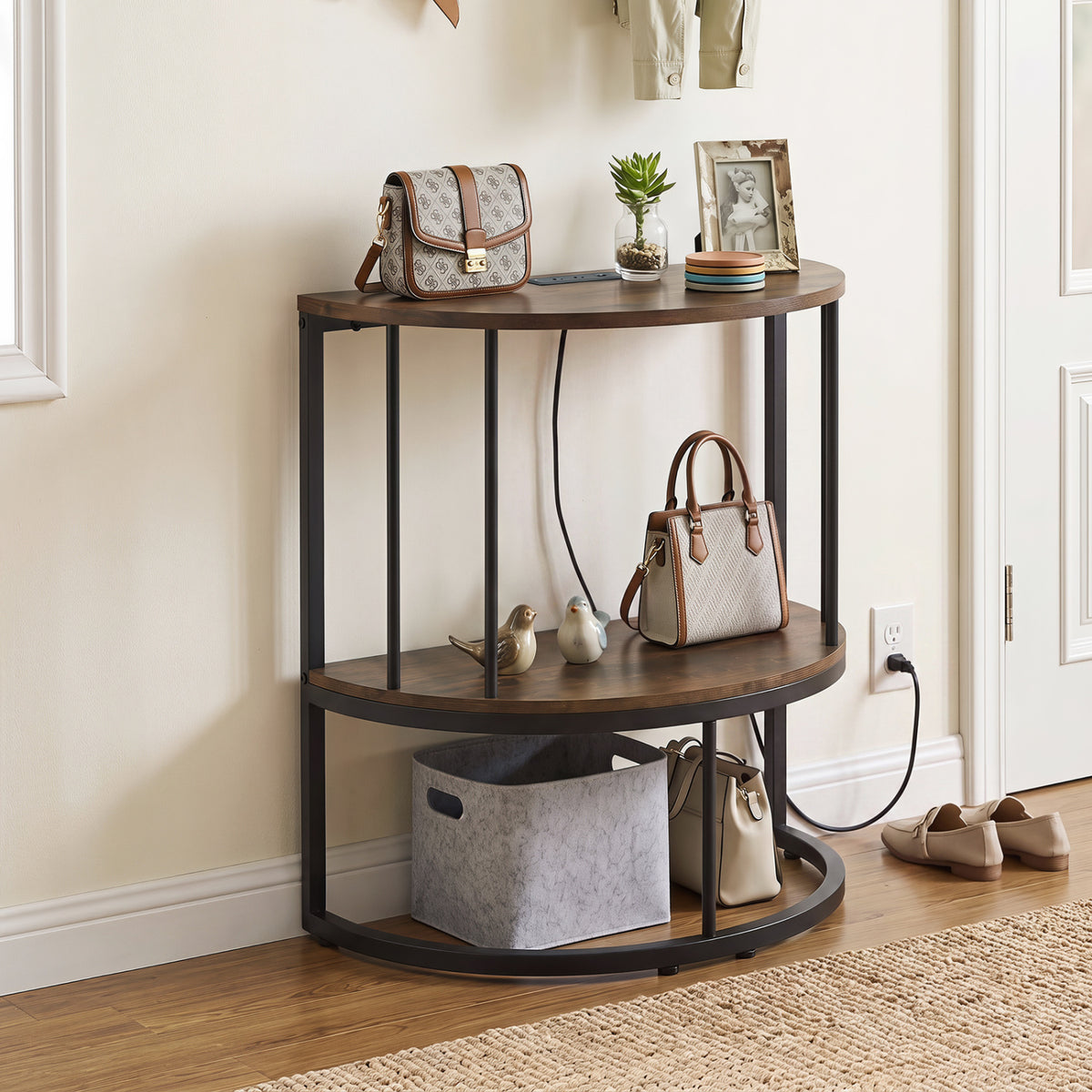 2-Tier Half Moon Console Table with Power Outlets and Storage Shel for Hallway-Rustic Brown view 2