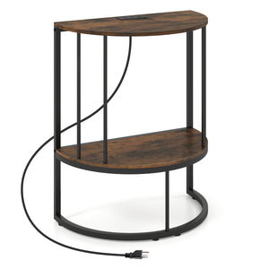 2-Tier Half Moon Console Table with Power Outlets and Storage Shel for Hallway-Rustic Brown view 4