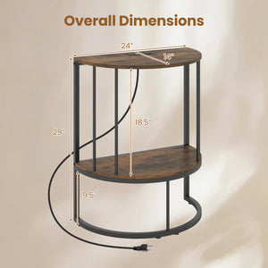 2-Tier Half Moon Console Table with Power Outlets and Storage Shel for Hallway-Rustic Brown view 5