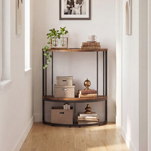2-Tier Half Moon Console Table with Power Outlets and Storage Shel for Hallway-Rustic Brown view 6