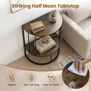 2-Tier Half Moon Console Table with Power Outlets and Storage Shel for Hallway-Rustic Brown view 9