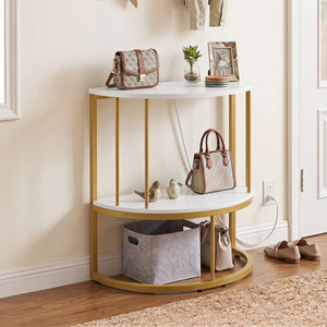 2-Tier Half Moon Console Table with Power Outlets and Storage Shel for Hallway-White view 2