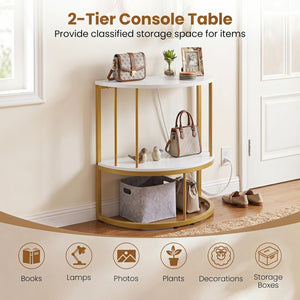 2-Tier Half Moon Console Table with Power Outlets and Storage Shel for Hallway-White view 7