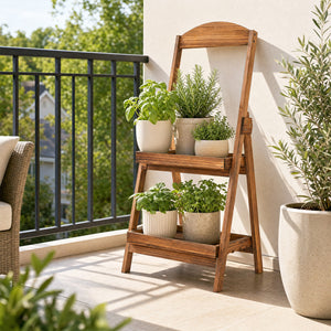 2-Tier Ladder Shelf Rustic Plant Stand with Fir Wood Frame-Rusticbrown view 3