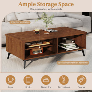 2-Tier Mid Century Modern Coffee Table with Storage Shelves Compartments-Walnut view 8