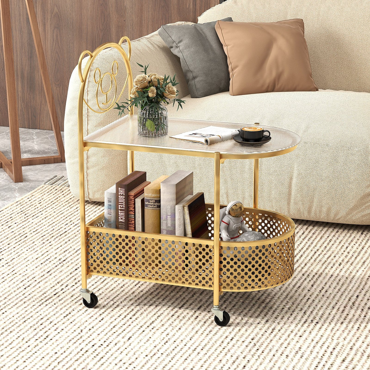 2-Tier Mobile Glass Coffee Table with Bear Pattern-Golden view 2