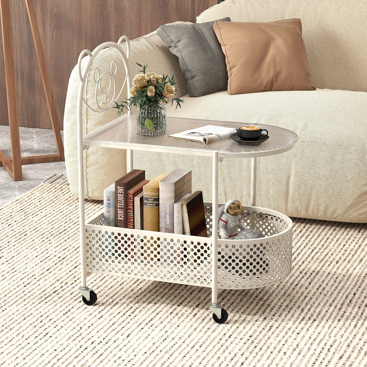 2-Tier Mobile Glass Coffee Table with Bear Pattern-White view 2