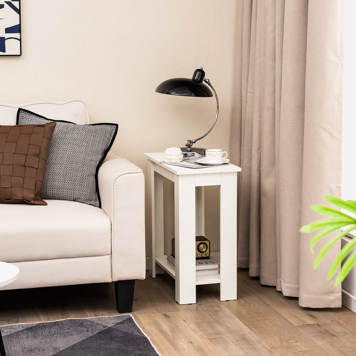 2-Tier Modern Compact End Table with Storage Shelf-White view 2