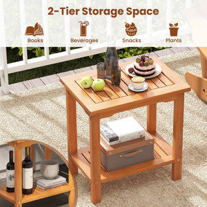 2-Tier Outdoor Acacia Wood Side Table with Slatted Tabletop and Storage Shelf view 8