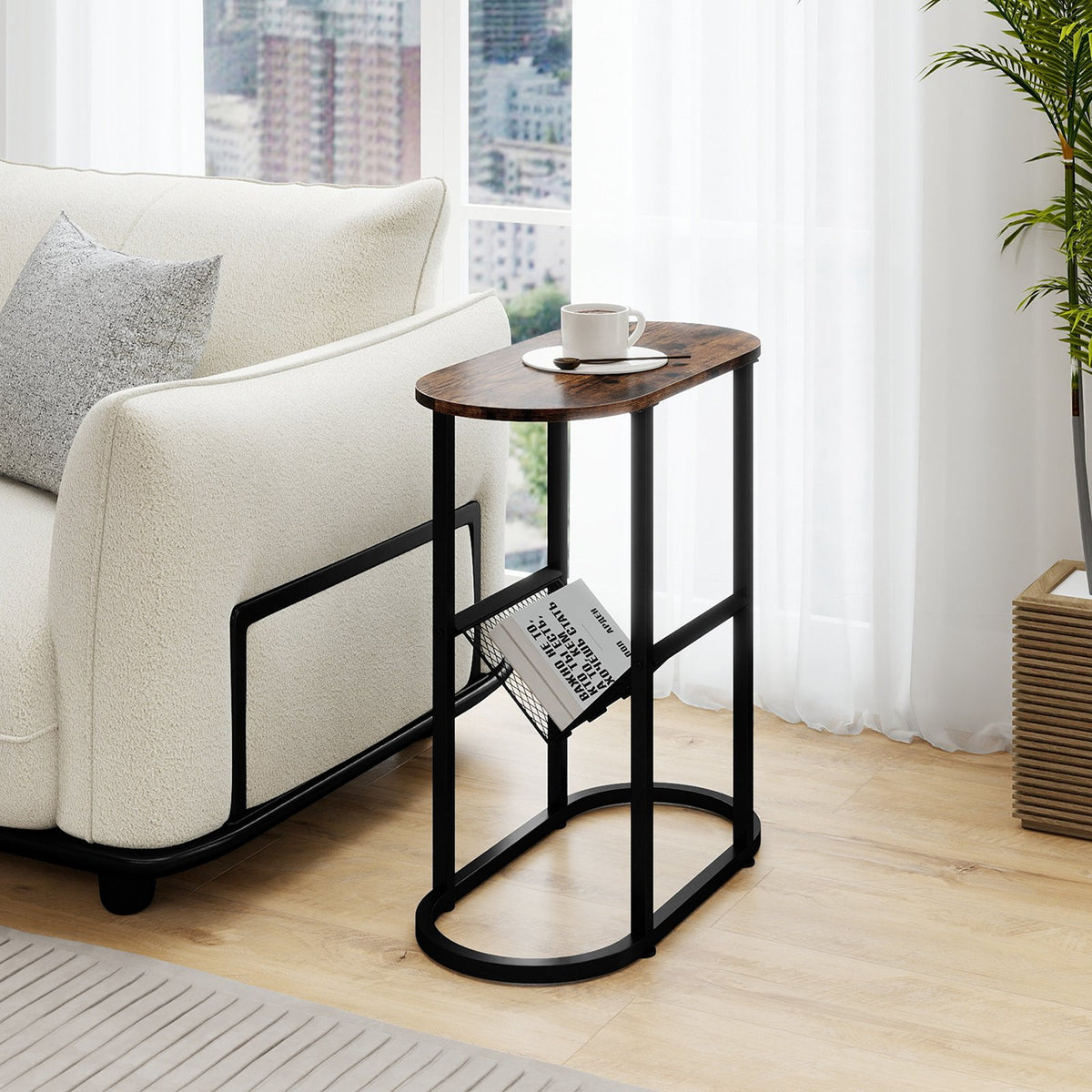 2-Tier Oval Narrow Bedside End Table-Rustic Brown view 2