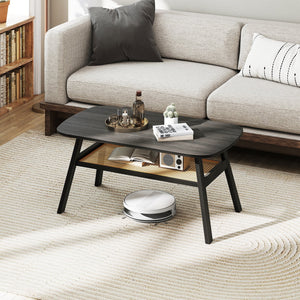 2-Tier Rectangular Center Coffee Table with Rattan Storage Shelf and Rubber Wood Legs-Dark Gray view 2