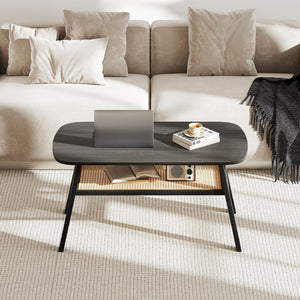 2-Tier Rectangular Center Coffee Table with Rattan Storage Shelf and Rubber Wood Legs-Dark Gray view 5