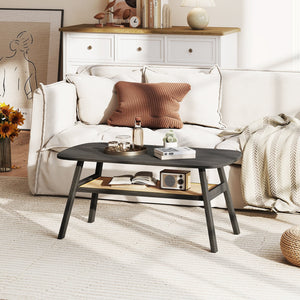 2-Tier Rectangular Center Coffee Table with Rattan Storage Shelf and Rubber Wood Legs-Dark Gray view 6