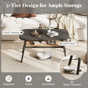 2-Tier Rectangular Center Coffee Table with Rattan Storage Shelf and Rubber Wood Legs-Dark Gray view 7