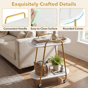 2-Tier Rolling End Table with Faux Marble Surfaces for Small Spaces-White view 8