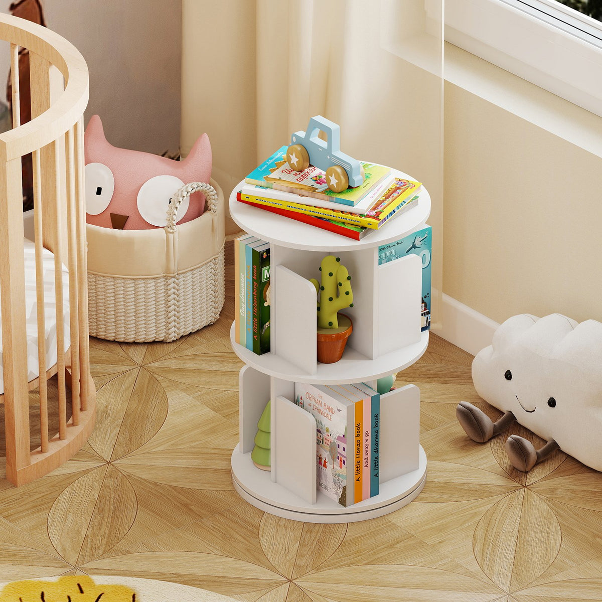 2-Tier Rotating Bookshelf with Dividers and Anti-falling Baffles-White view 2