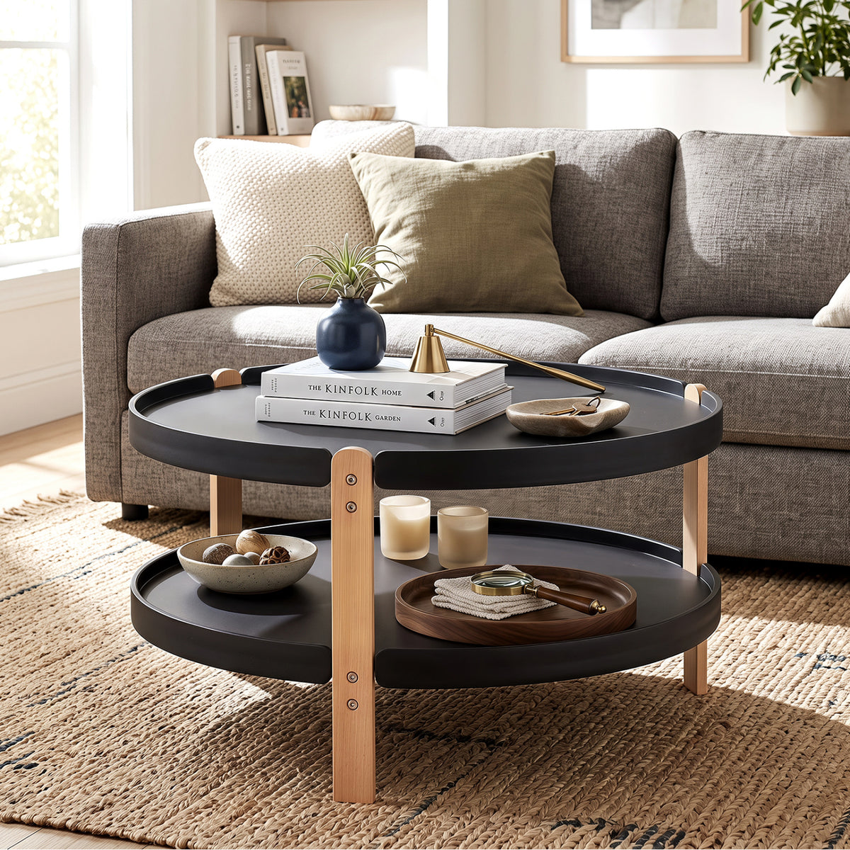 2-Tier Round Coffee Table with Open Storage Shelf and Solid Beech Wood Legs for Living Room-Black view 2
