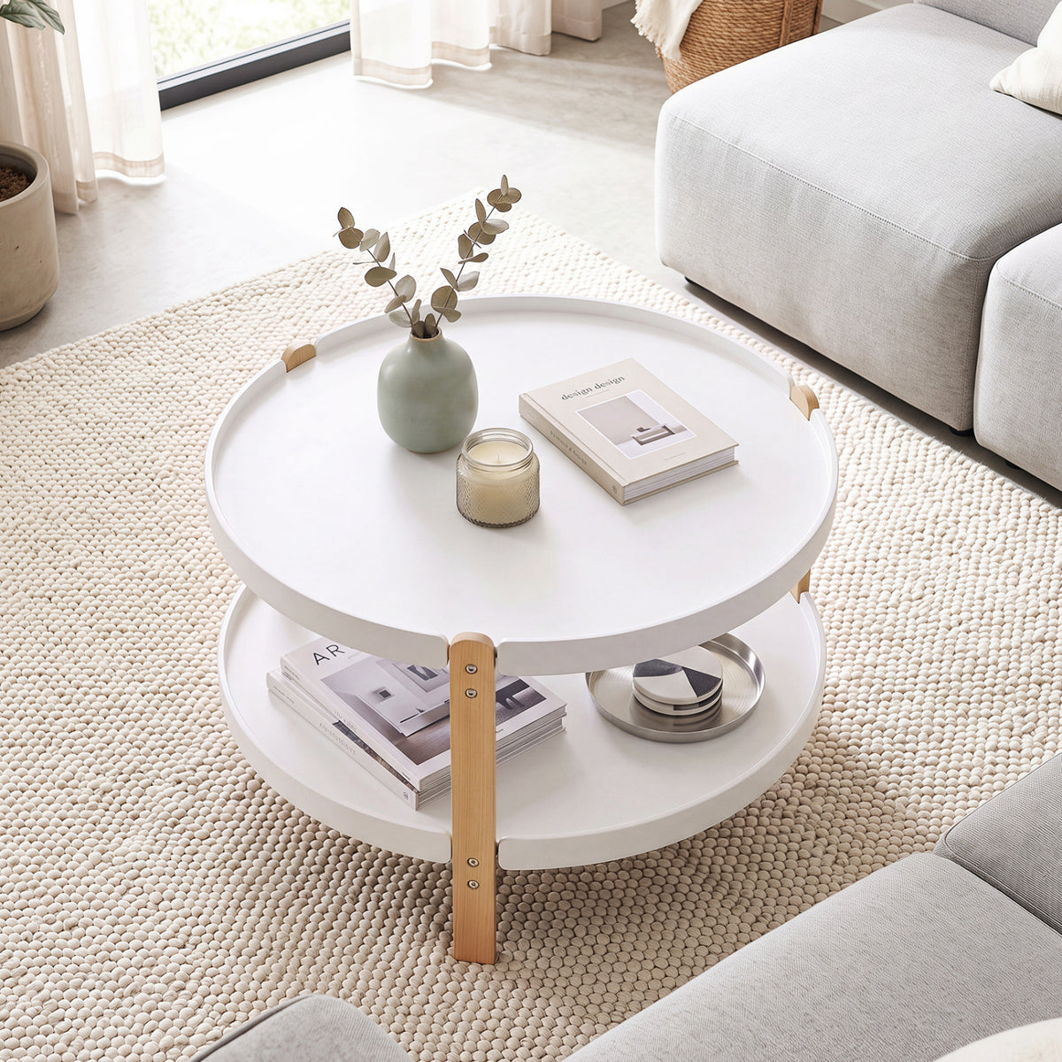 2-Tier Round Coffee Table with Open Storage Shelf and Solid Beech Wood Legs for Living Room-White view 2