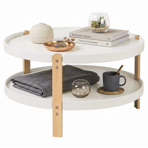 2-Tier Round Coffee Table with Open Storage Shelf and Solid Beech Wood Legs for Living Room-White view 4