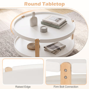 2-Tier Round Coffee Table with Open Storage Shelf and Solid Beech Wood Legs for Living Room-White view 8