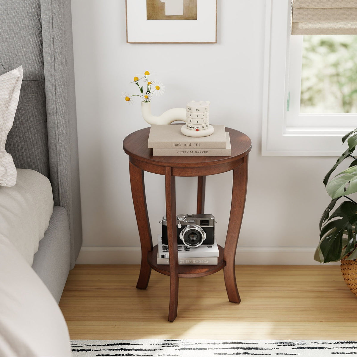 2-tier Round End Table with Solid Wood Legs-Brown view 2