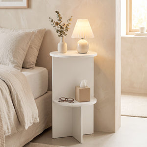 2-Tier Round Side Table with Storage Shelf for Small Space-White view 3