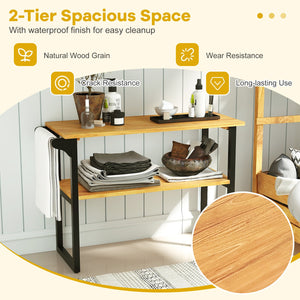 2-Tier Solid Teak Wood Bathroom Shelf with Towel Rack view 9