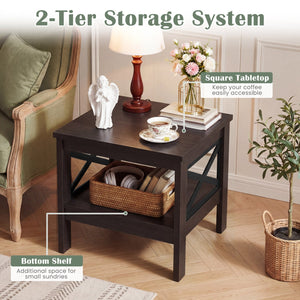 2-Tier Square Side Table with Storage Shelf and X-Frame for Bedroom Living Room-Brown view 7