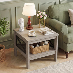 2-Tier Square Side Table with Storage Shelf and X-Frame for Bedroom Living Room-Oak view 2