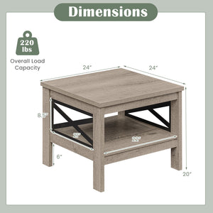 2-Tier Square Side Table with Storage Shelf and X-Frame for Bedroom Living Room-Oak view 5