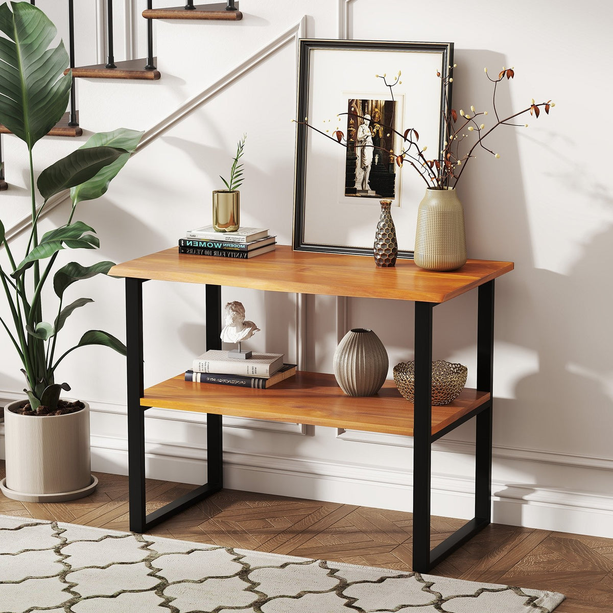2-Tier Teak Wood End Table Sofa Side for Living Room Hallway Laundry view 2