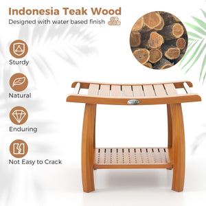 2-Tier Teak Wood Shower Bench Shower Stool with Curved Seat and Handles view 6