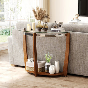2-tier Tempered Glass Console Table with Clear Glass Top and Open Shelf-Walnut view 3
